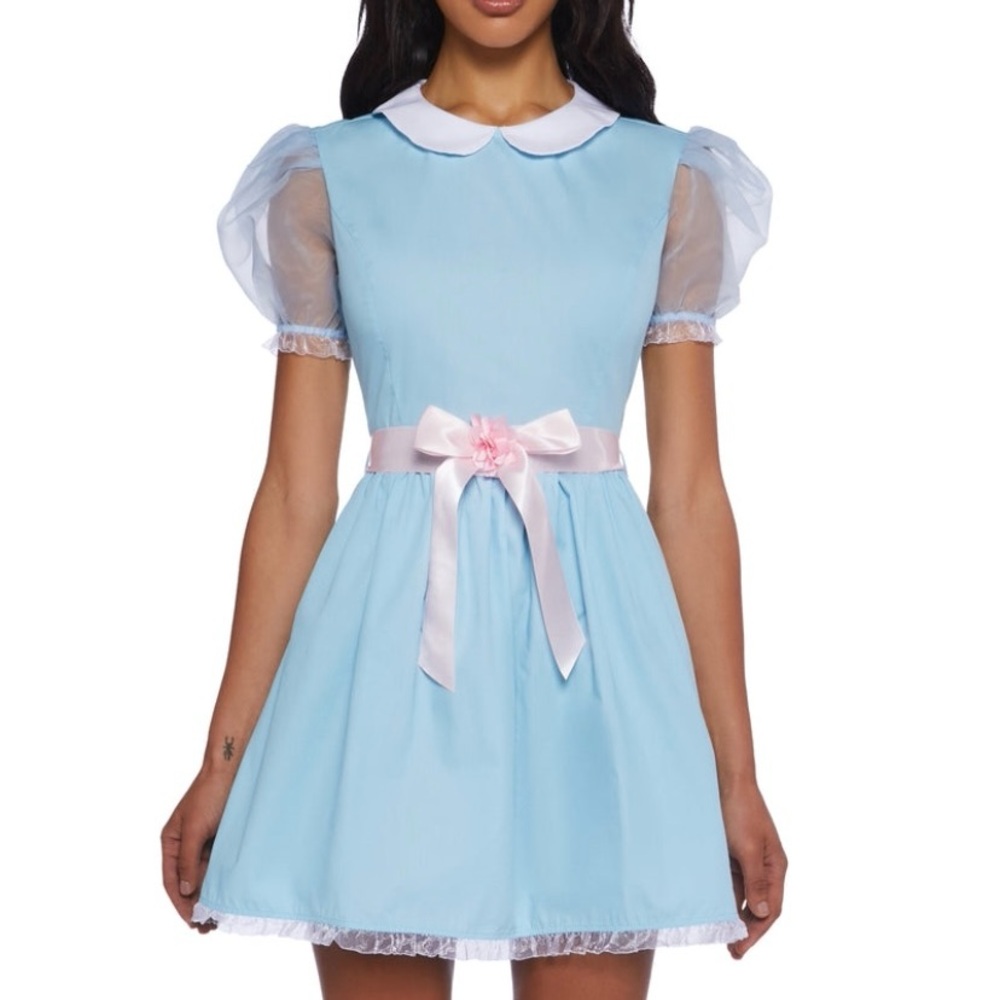 🏷️BNWT Dolls Kill Lt Blue Alice/Shining Inspired Dress, Puff Sleeves, Pink Belt
